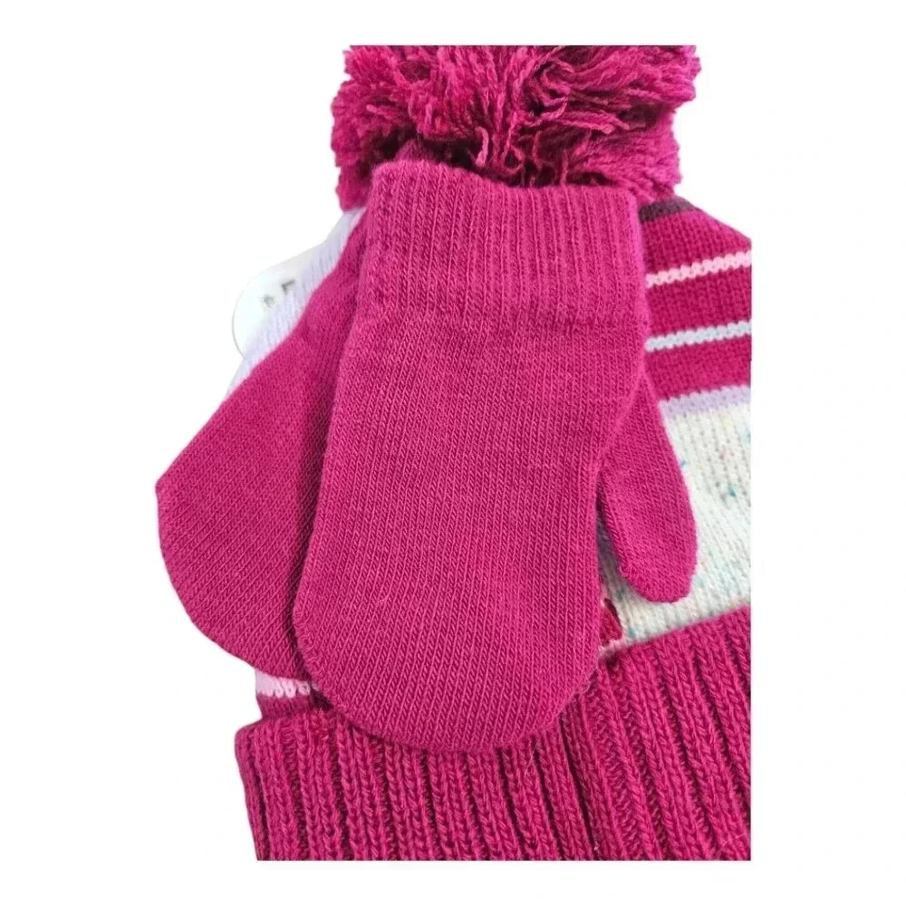 Fuschia/Pink/Red Little Girls Winter Beanie Hat and Mitten Set With Top Pom